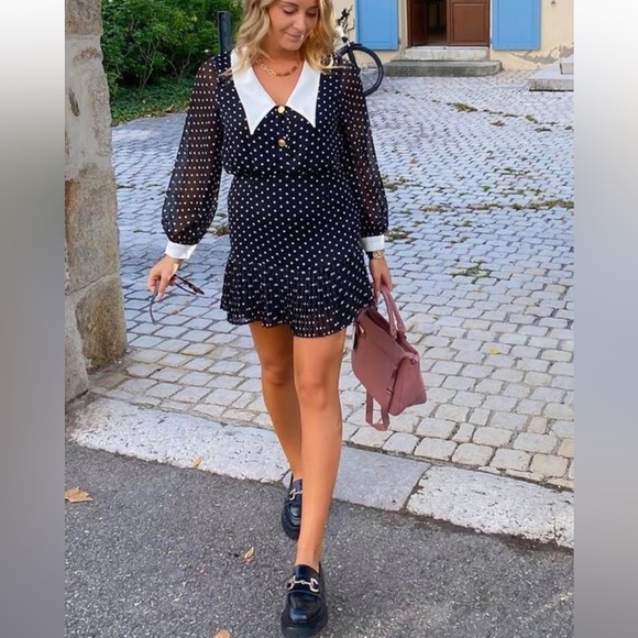 ZARA bloggers favourite Poka Dot Mini Dress With Gold Button black white - Picture 11 of 15